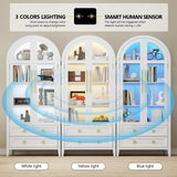 EOAWE Arched Curio Cabinet with Glass Doors, 4-Tier Display Cabinet with 2 Drawers, Tall Bookcase with 3 Color Lights, Display Case, Kitchen Pantry (White) EOAWE