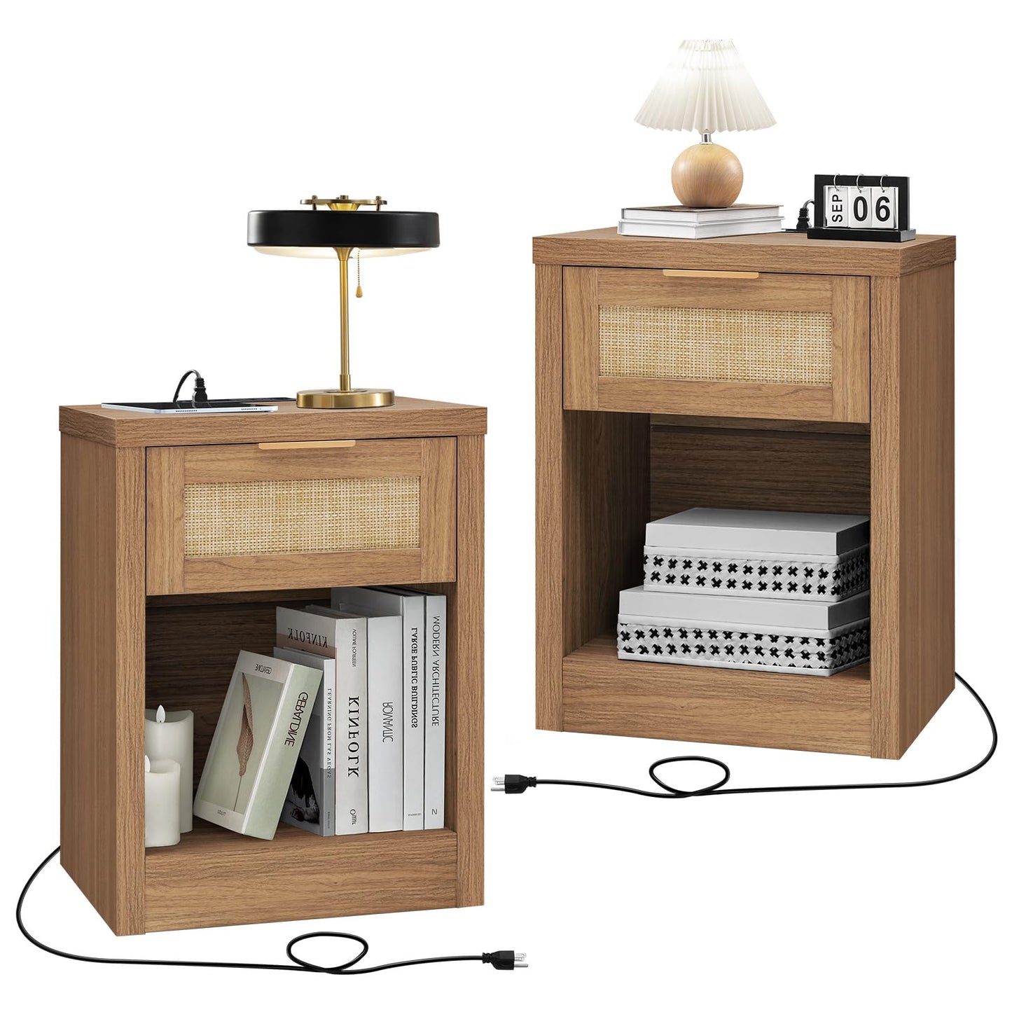 OAKHAM HOME Nightstand Set of 2, Rattan Night Stand with Type-C Charging Station, Bedside Table with Drawer, Boho Bed Side Table End Table Accent Table for Bedroom Living Room (Weathered Oak) - WoodArtSupply