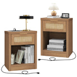 OAKHAM HOME Nightstand Set of 2, Rattan Night Stand with Type-C Charging Station, Bedside Table with Drawer, Boho Bed Side Table End Table Accent Table for Bedroom Living Room (Weathered Oak) OAKHAM HOME