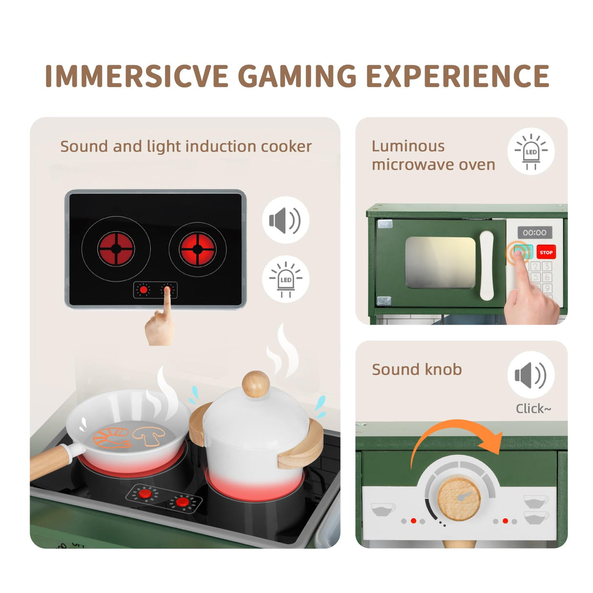 OOOK Kids Kitchen Playset with Sound and Light, Wooden Multifunctional Pretend Play Kitchen with Coffee Machine, Microwave, Dishwasher and Washer Toy ect., Kitchen Set for Kids Aged 3+ OOOK