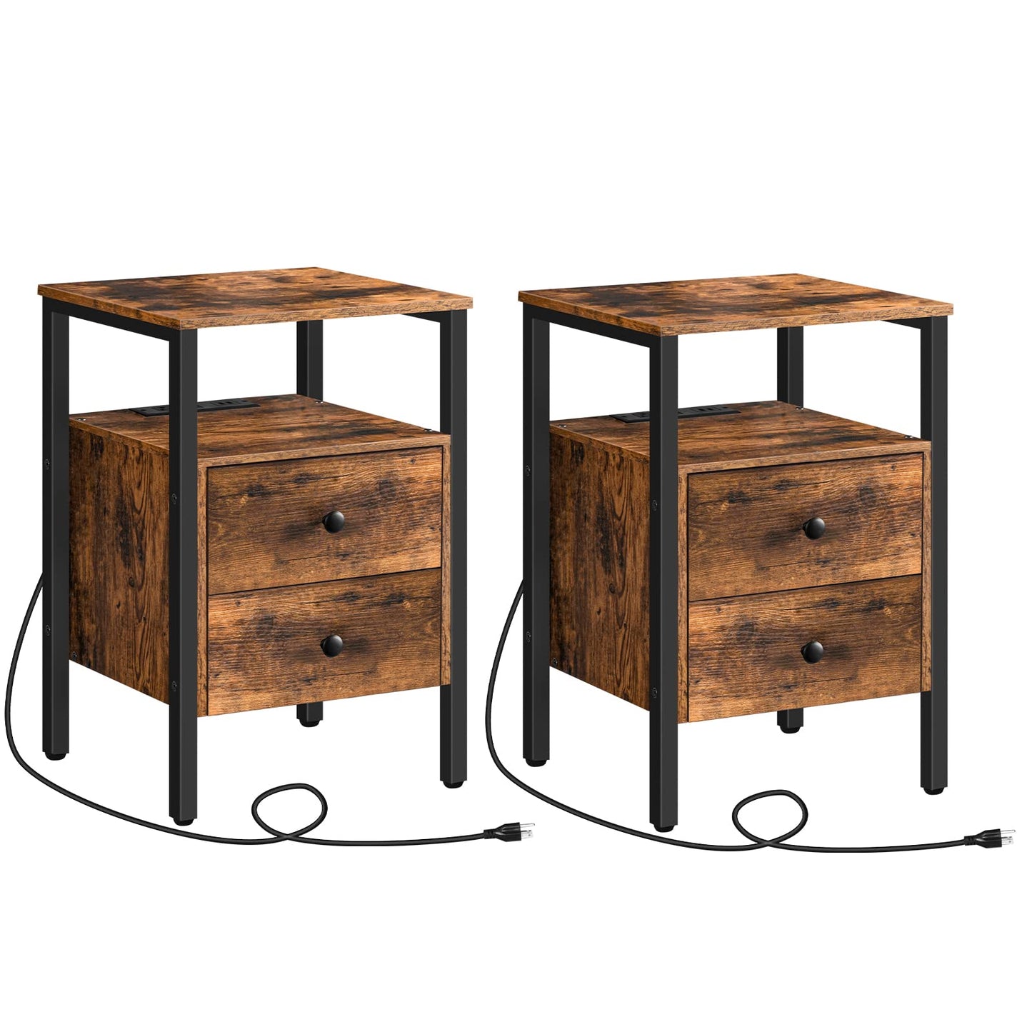 HOOBRO End Table with Charging Station and USB Ports, Side Table with Drawers and Storage Shelf, Set of 2, Bedside Table for Small Spaces, Living Room, Rustic Brown BF431BZP201 - WoodArtSupply