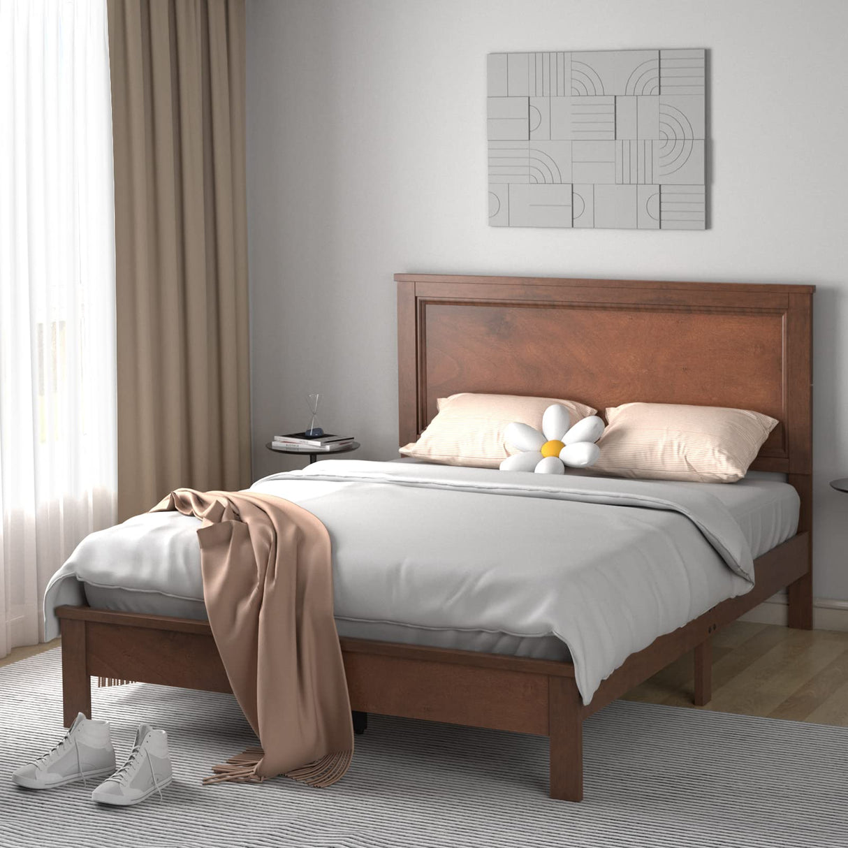 KOMFOTT Mid Century Solid Wood Full Bed Frame with Headboard & Slatted Mattress Support KOMFOTT