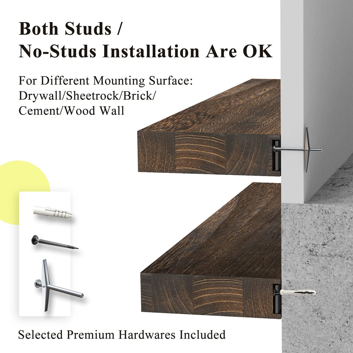 SAUCE ZHAN Floating Shelves 24 inch Rustic Natural Wood Wall Shelf Set of 2 Open Shelving Farmhouse Live Edge Light Wooden Wall Mounted Decor for Bathroom, Living Room, Bedroom, Kitchen, Dark Brown SAUCE ZHAN