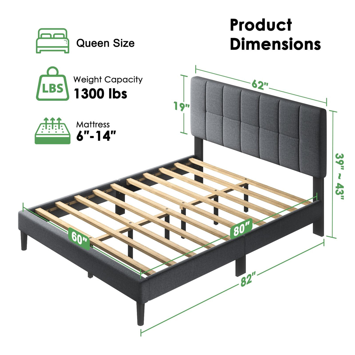 Marsail Queen Size Bed Frame, Sturdy and Durable with 12 Support Legs, 1300 lbs Capacity, Solid Wooden Upholstered Adjustable Headboard for 6"-12" Mattresses, Easy Assembly, Ideal Height, Dark Gray Marsail