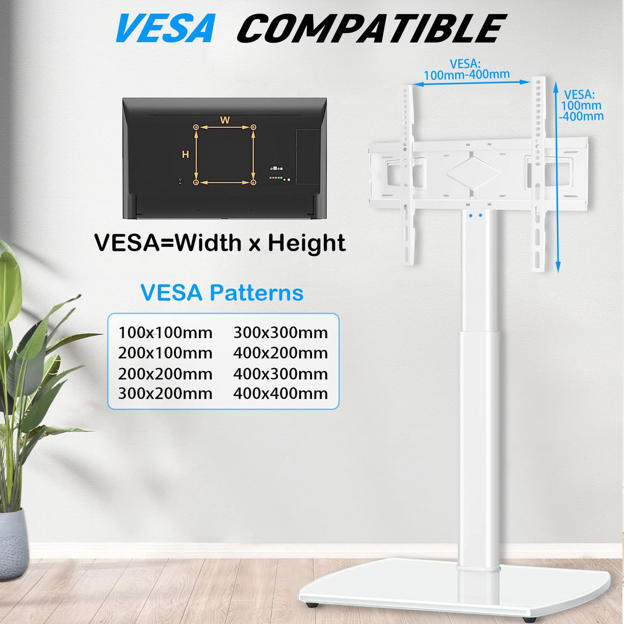 YOMT Universal TV Floor Stand with Mount for 27-70 Inch LCD LED OLED TVs, Swivel Height Adjustable Tall TV Stand, Space Saving Design for Corner Bedroom Living Room, White YOMT