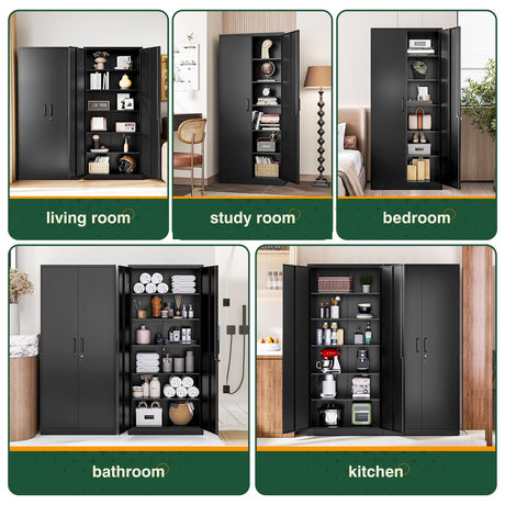 Letaya Metal Black Storage Cabinet with Lock-71 Tall Metal Pantry Cabinets,5 Adjustable Shelves and Lock Door for Home,Office,Warehouse,Utility Room Letaya