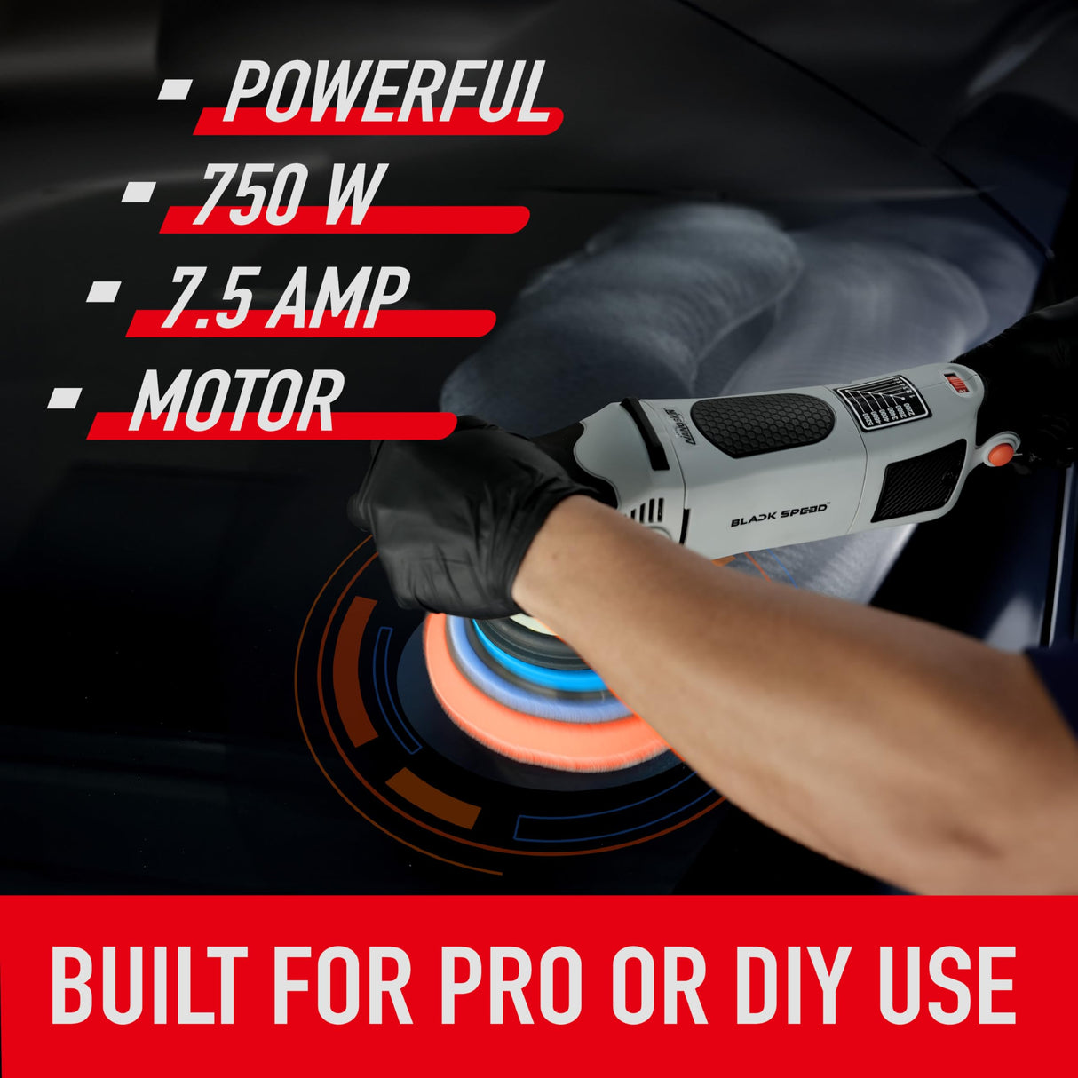 Nanoskin Black Speed 21mm Long-Throw Random Orbital Polisher - 750W, 7.5-Amp Motor, BOSCH™ Bearing Construction, Vented Flexible Backing Plate | For Automotive Paint, Glass, Metal Surfaces Detailing Nanoskin