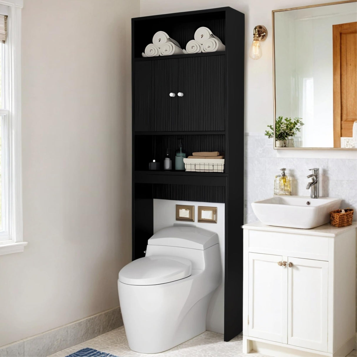 Tydaris Black Over The Toilet Storage Cabinet with Adjustable Shelf and Double Doors Tydaris