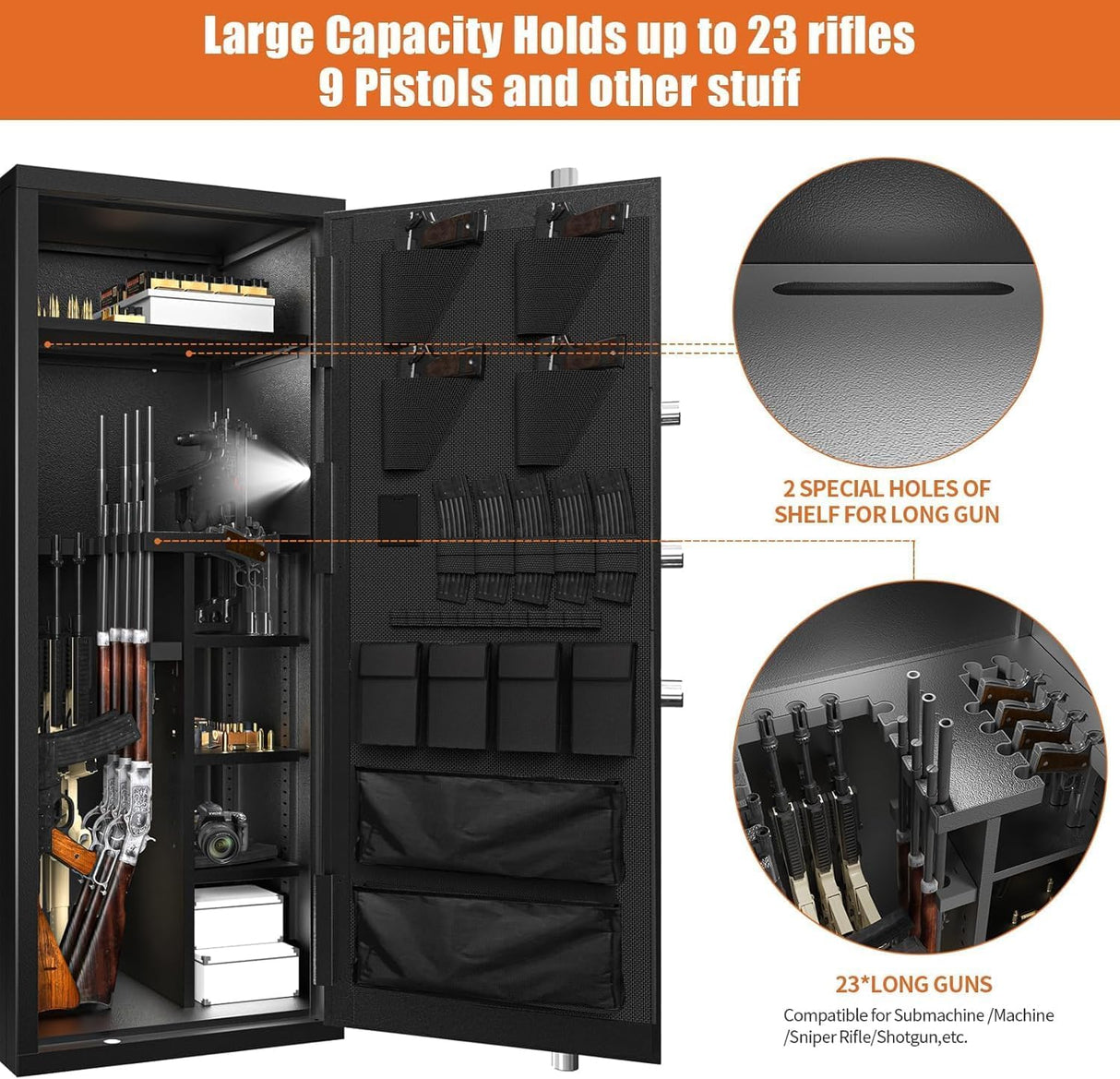 30 Gun Safe, Large Rifle Safe for Rifle and Shotgun/Rifle Pistol Rack/Storage Pocket/Removable Shelf/Silent Mode/External Battery/LED/Key,180° Open Door Panel Organizer Gun Cabinet Safe Unassembled TTSITG
