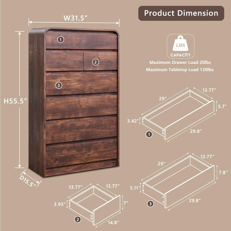 Aitjunz Modern 7 Drawers Dresser for Bedroom, 55" Tall Dressers & Chest of Drawers w/Curved Profile Design, Wood Mid Century Vertical Storage Dressers Organizer for Bedroom, Living Room, Brown Aitjunz