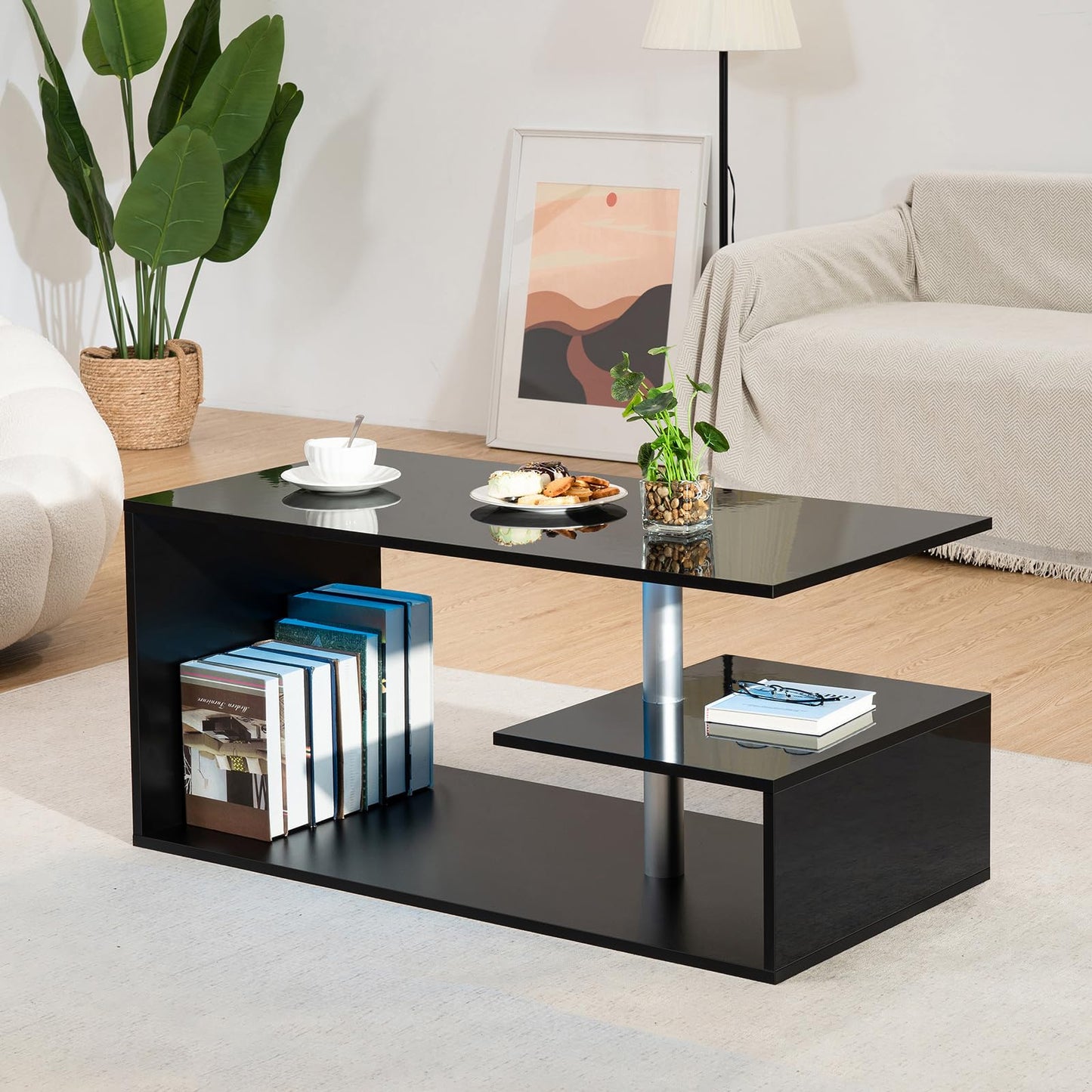 HOMMPA LED Coffee Tables for Living Room Modern Black Coffee Table with S-Shaped 3 Tiers Open Storage Shelf High Gloss Center Sofa Tea Table with LED Lights for Home Office Furniture Black 18 - WoodArtSupply