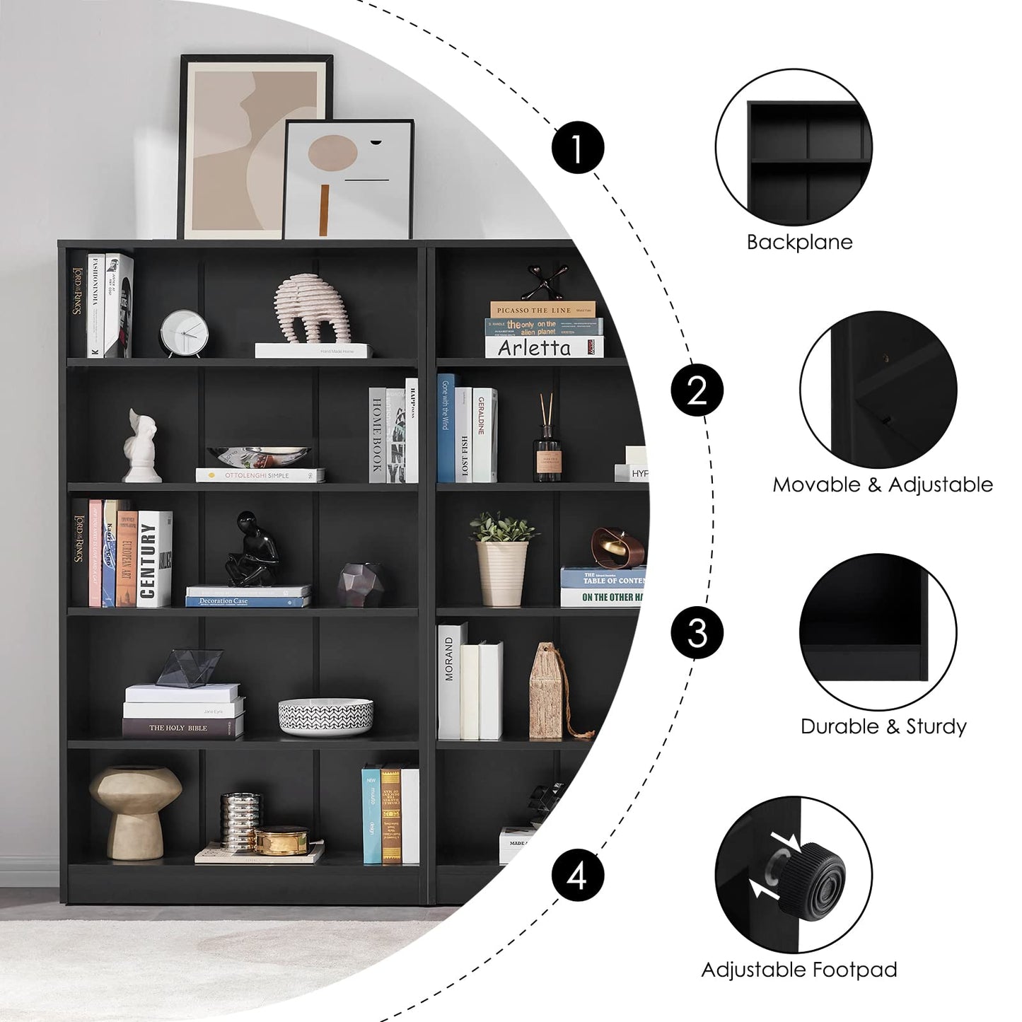 Farini Black Bookshelf for Bedroom 5 Shelf Office Bookcase 60 Inches Tall Modern Wood Bookshelf for Living Room 5 Tier Wide Manga Bookshelf Library Bookcase - WoodArtSupply