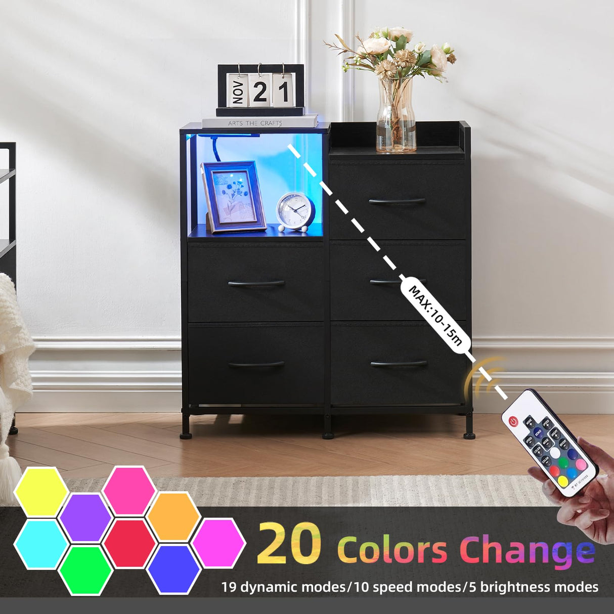 Somdot Black Nightstand with Charging Station and LED Light, Wide 5 Drawers Dresser for Bedroom with Fabric Bins and Open Shelf for Bedroom Kids Closet Dorm Guest Room, Black Somdot