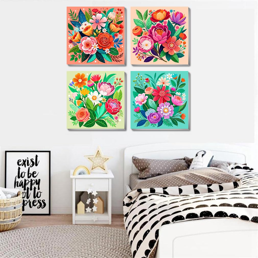 4 Pack Flowers Paint by Numbers Kit for Adults Beginners Framed - DIY Flowers Adults Paint by Numbers Kits on Canvas with Frame, Small Easy Acrylic Oil Painting Perfect for Home Decor 8 X 8 Inch Amzdiyfun