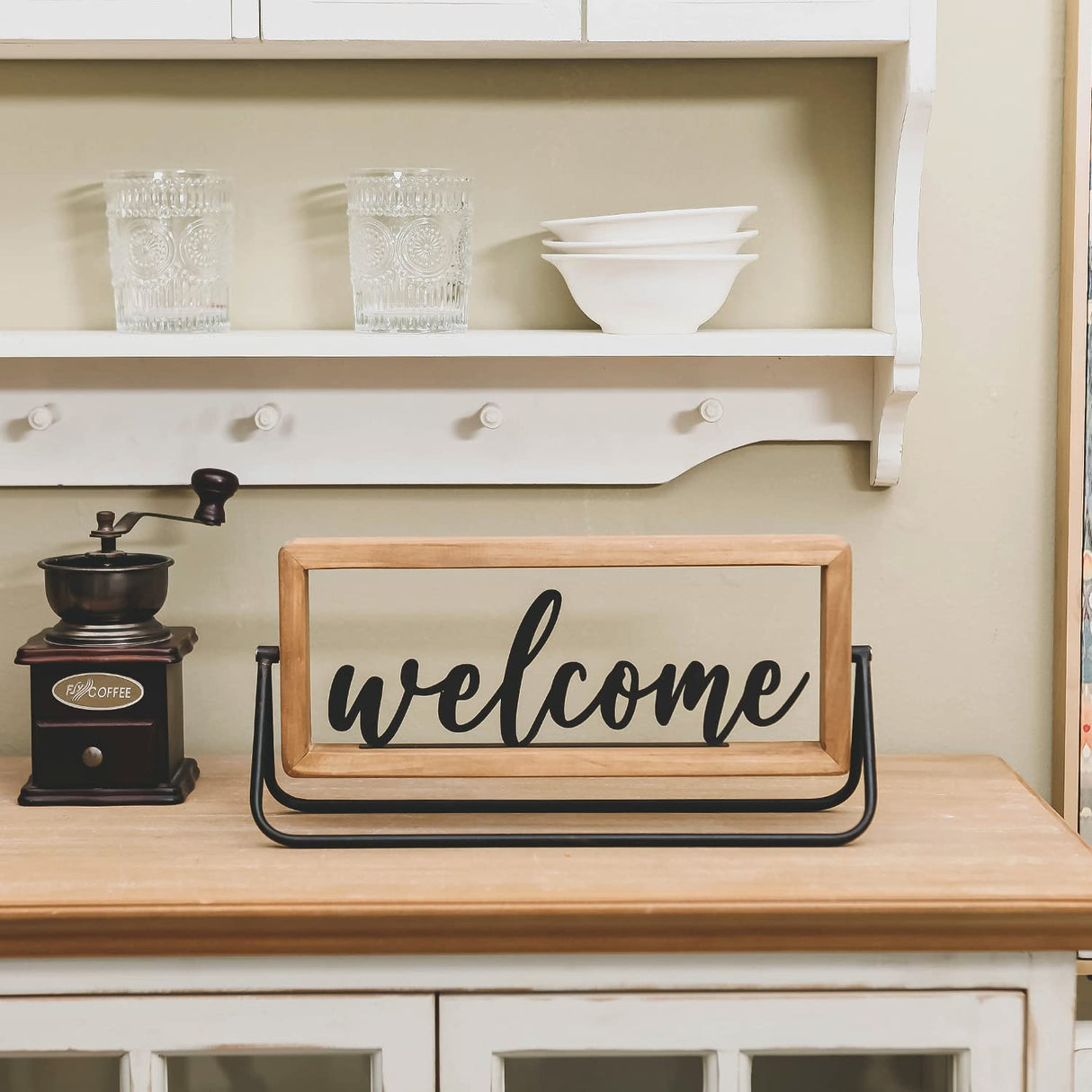 NIKKY HOME Rustic Wooden Home Sign Decorative Cutout Letters Freestanding Block Word Sign Hanging Ornament Table Shelf Decor (Welcome) NIKKY HOME