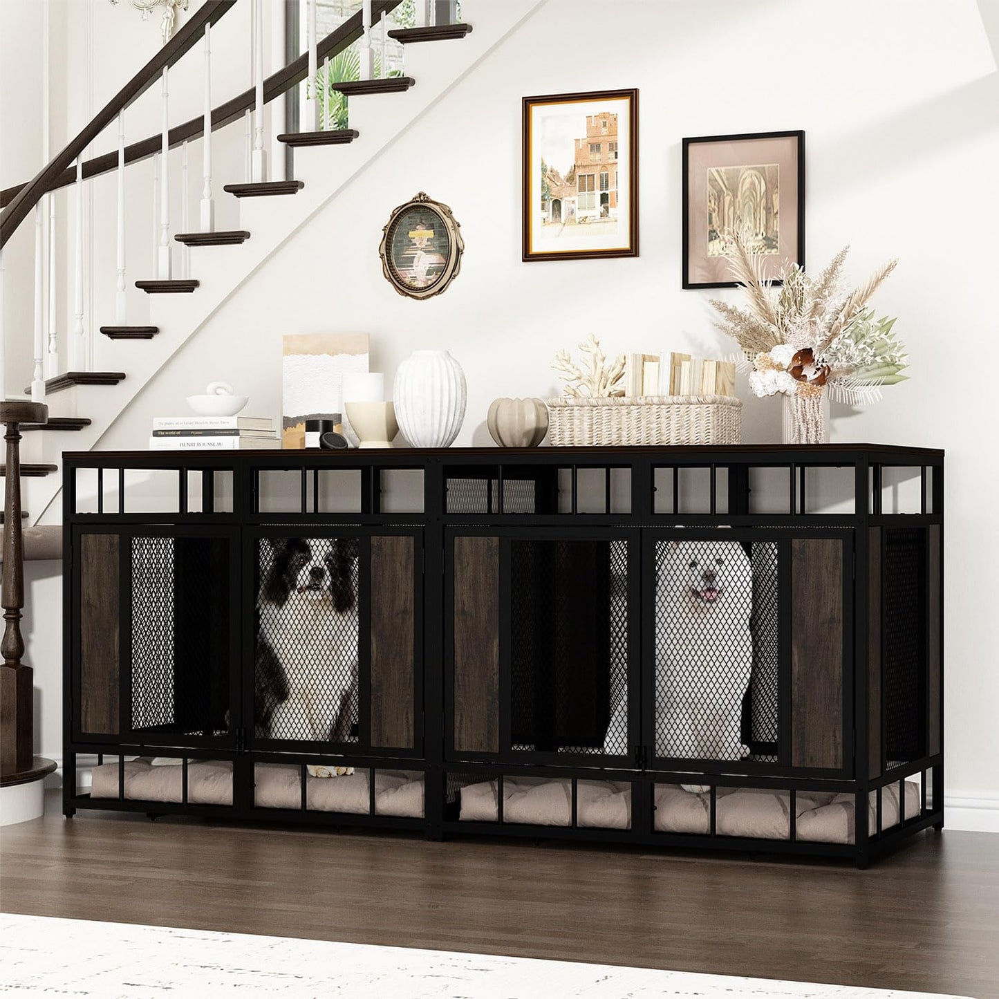 DAWNSPACES Furniture Dog Crate, 71" Heavy Duty Wood Dog Cage Kennel House Furniture with a Removable Divider, Indoor Dog Crate Table TV Stand with Double Doors for Large Medium Breed Dogs, Brown