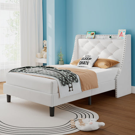 iPormis Velvet Twin Bed Frame with 16" Comfort Wingback & Charging Station, Upholstered Platform Bed with Button Tufted Storage Headboard, Solid Wood Slats Support, No Box Spring Needed, White iPormis