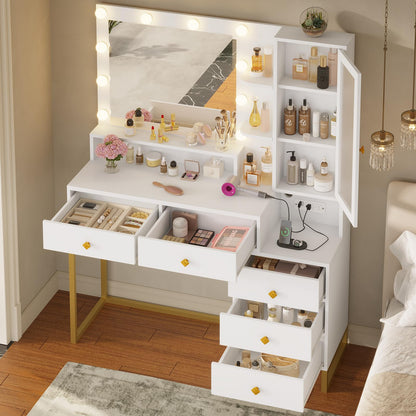 Tiptiper Large Makeup Vanity with Lights, Vanity Table with Charging Station Vanity Desk with Mirror and 10 LED Light Bulbs, Makeup Table with 5 Drawers, Nightstand and Storage Shelves, White & Gold