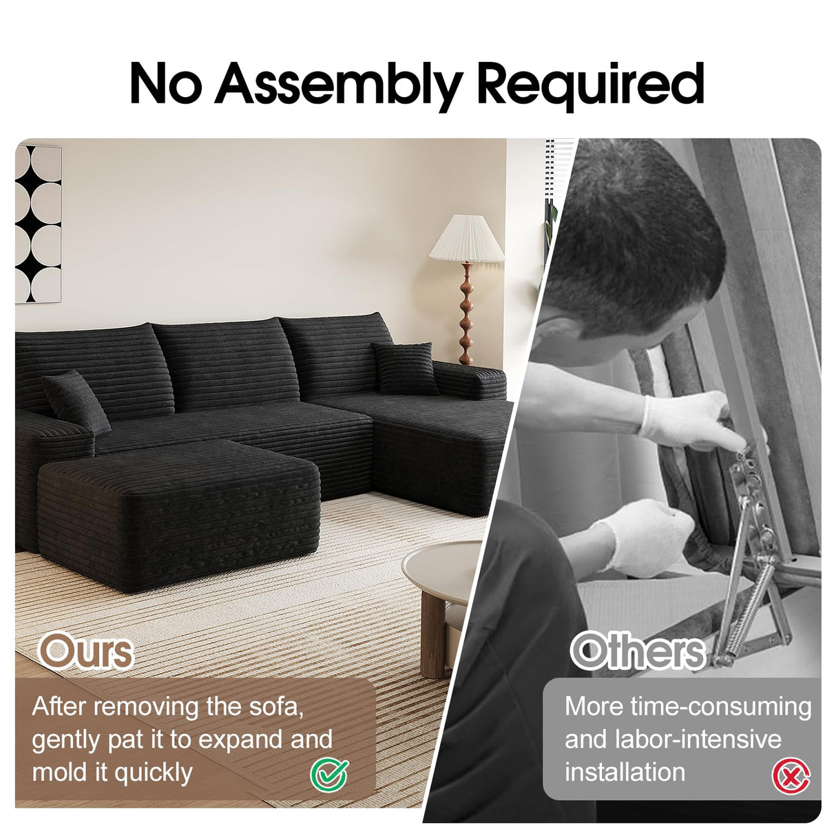 107" Comfy U-Shaped Sectional Modern Boneless Corduroy Couch with Chaise ‌and Ottoman‌ - No Assembly Required! Deep-Seat, Upholstered Modular Cloud Sofa for Living Room, Plush Corduroy Fabric(Black) COZYCC