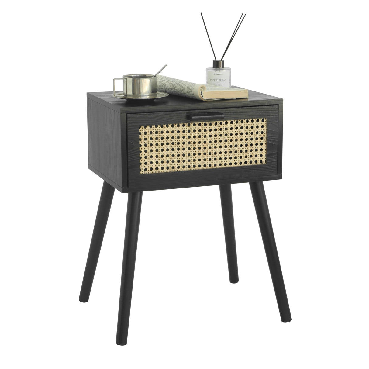 AWASEN Mid Century Modern Nightstand, Rattan Side Table with Drawer, Black Bedside Table with Storage and Solid Wood Legs for Living Room, Bedroom and Small Space (Black) AWASEN