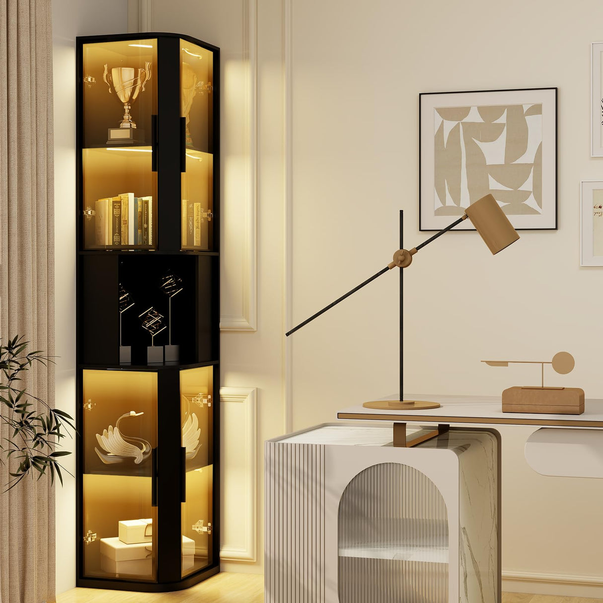 ARTETHYS Glass Display Cabinet Doors 78‘’ Tall Corner Display Case with Lights for Collectibles 5-Tier Curio Storage Shelf for Toys, Books, Black ARTETHYS