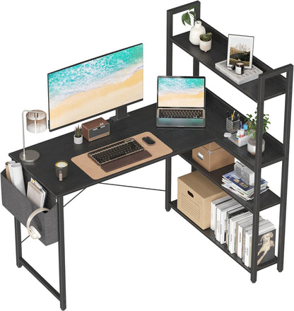 Treesland 47 Inch L-Shaped Computer Desk with Bookshelf and Storage Solutions in Black - WoodArtSupply