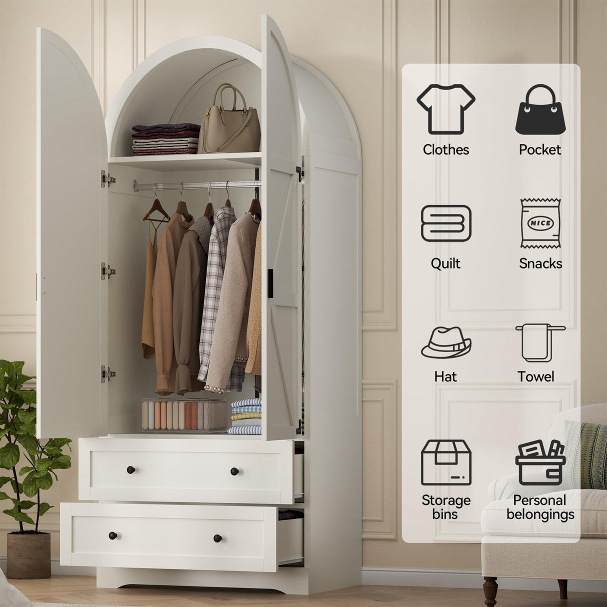 Gyfimoie 74.8" White Armoire Wardrobe Closet with 2 Drawers and 2 Doors, Tall Bedroom Freestanding Armoire Storage Cabinet with Shelves, Wood Large Wardrobe Combination for Hanging Clothes (White) Gyfimoie