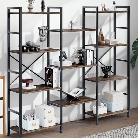 GRUSIGN Triple 4 Tier Book Shelf, Modern Bookcase Shelf, Freestanding Large Display Shelves for Living Room/Office/Garage, Stable Large Bookshelf with Storage for Books/Lego/Plants, Rustic Brown GRUSIGN