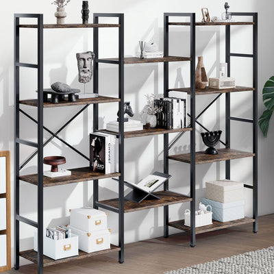 GRUSIGN Triple 4 Tier Book Shelf, Modern Bookcase Shelf, Freestanding Large Display Shelves for Living Room/Office/Garage, Stable Large Bookshelf with Storage for Books/Lego/Plants, Rustic Brown