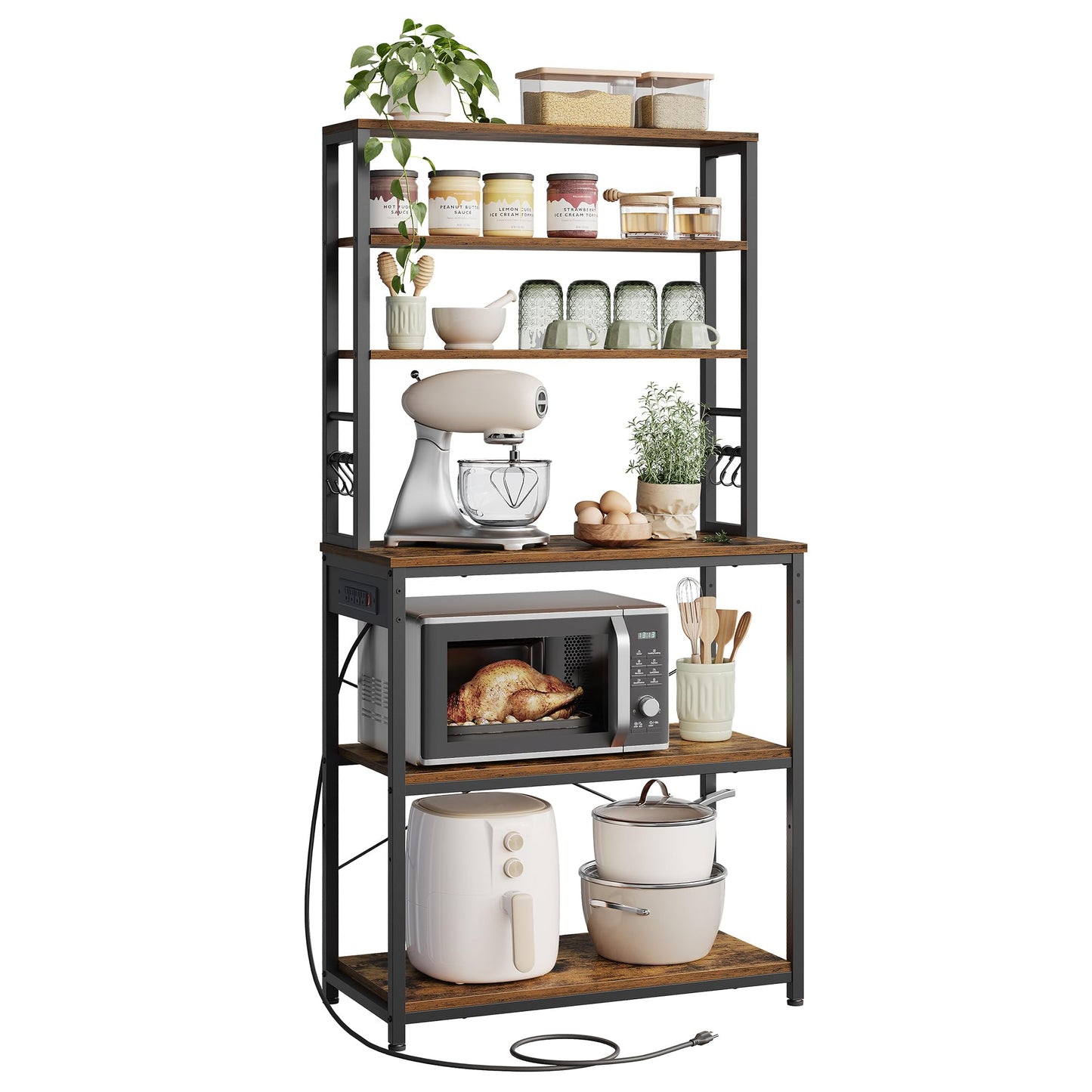 VASAGLE Bakers Rack with Power Outlet, 31.5 Inches Coffee Bar for Kitchen with Storage, 6-Tier Kitchen Shelves with 6 Hooks, Microwave Stand, Rustic Brown and Black UKKS119K01