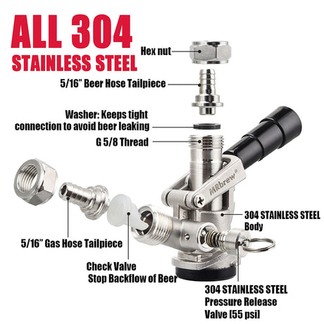 MRbrew All 304 Stainless Steel Keg Coupler, Commercial Sankey Kegerator D System Keg Tap Dispenser for I.D 5/16'' Draft Beer Line Gas Brewing Tubing with Check Valve Sealing Washer Hose Clamp MRbrew