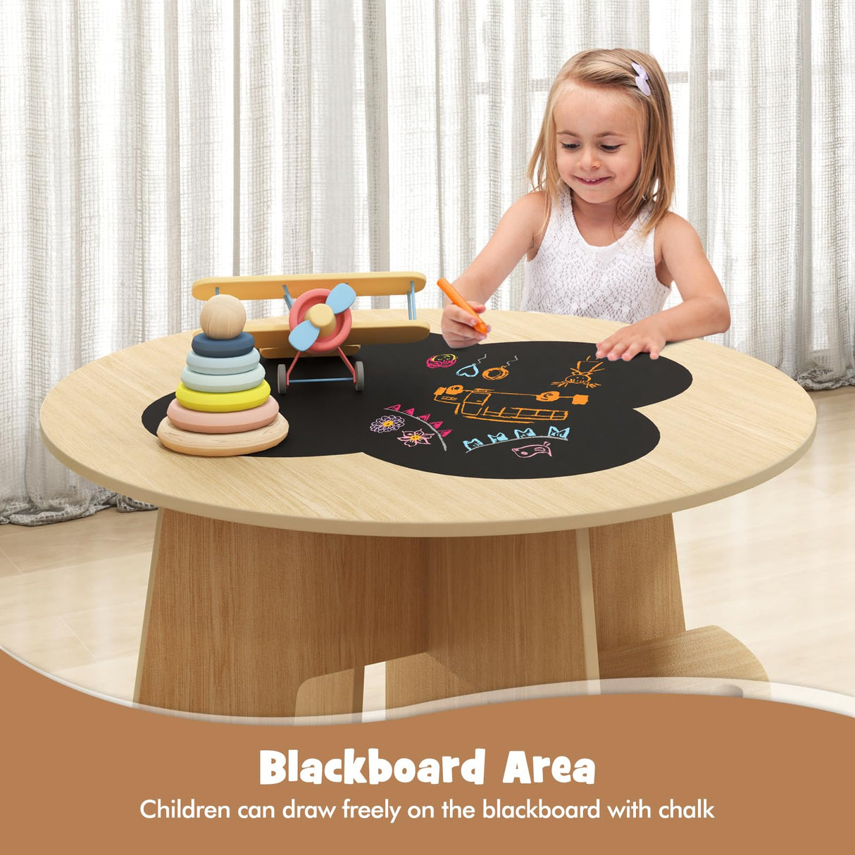 INFANS Toddler Table and Chair Set with 4 Storage Stools, Wooden Flower Shaped Nesting Table with Blackboard Drawers, Children Multi-Activity Table for Art Crafts Draw Read Boys Girls 3+ (Natural) INFANS