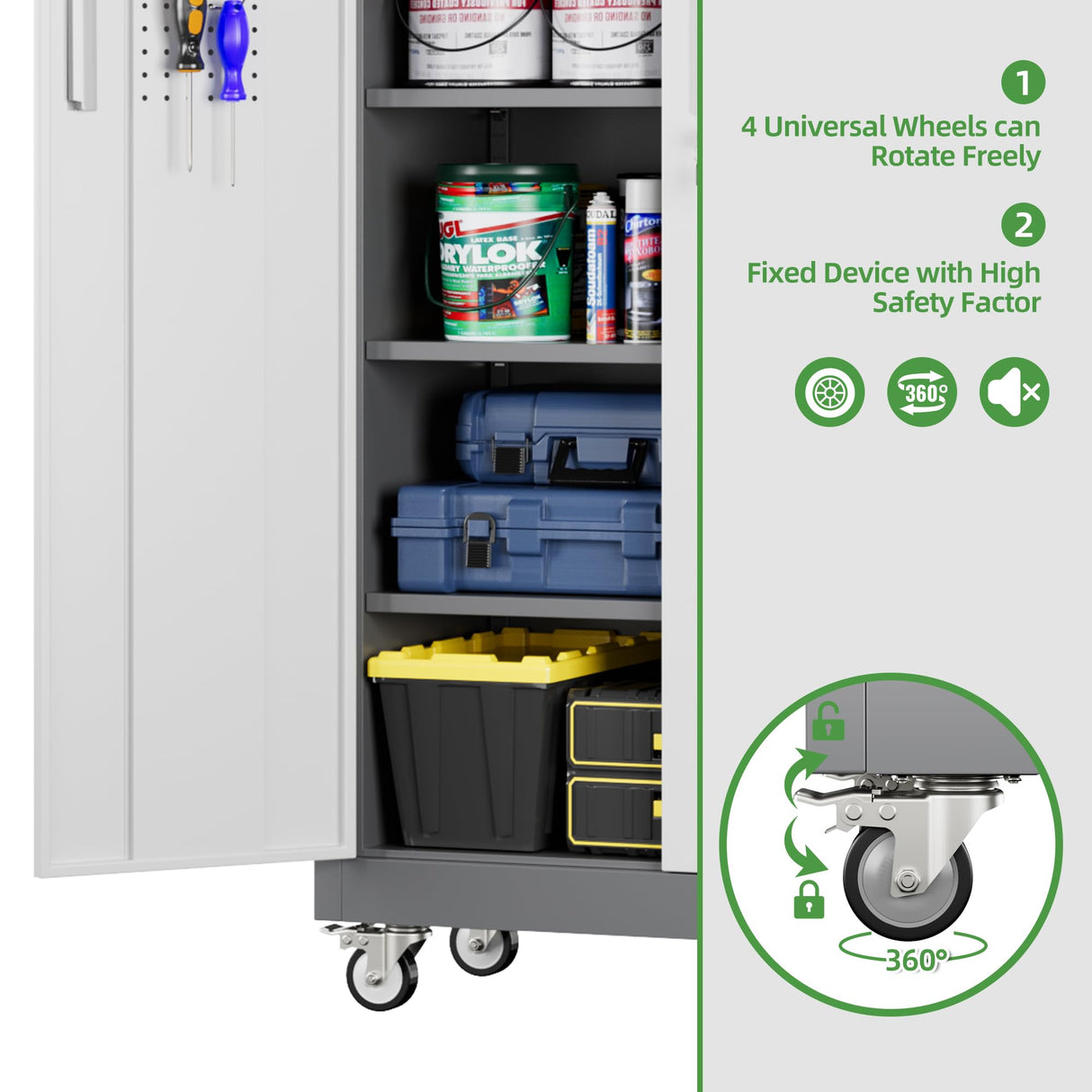 Aobabo Upgraded Garage Storage Cabinets with Wheels,Metal Storage Cabinets with 5 Adjustable Shelves for Garage Home Office Storage, Grey&White,71''H*32''W*16''D,Assembly Required Aobabo