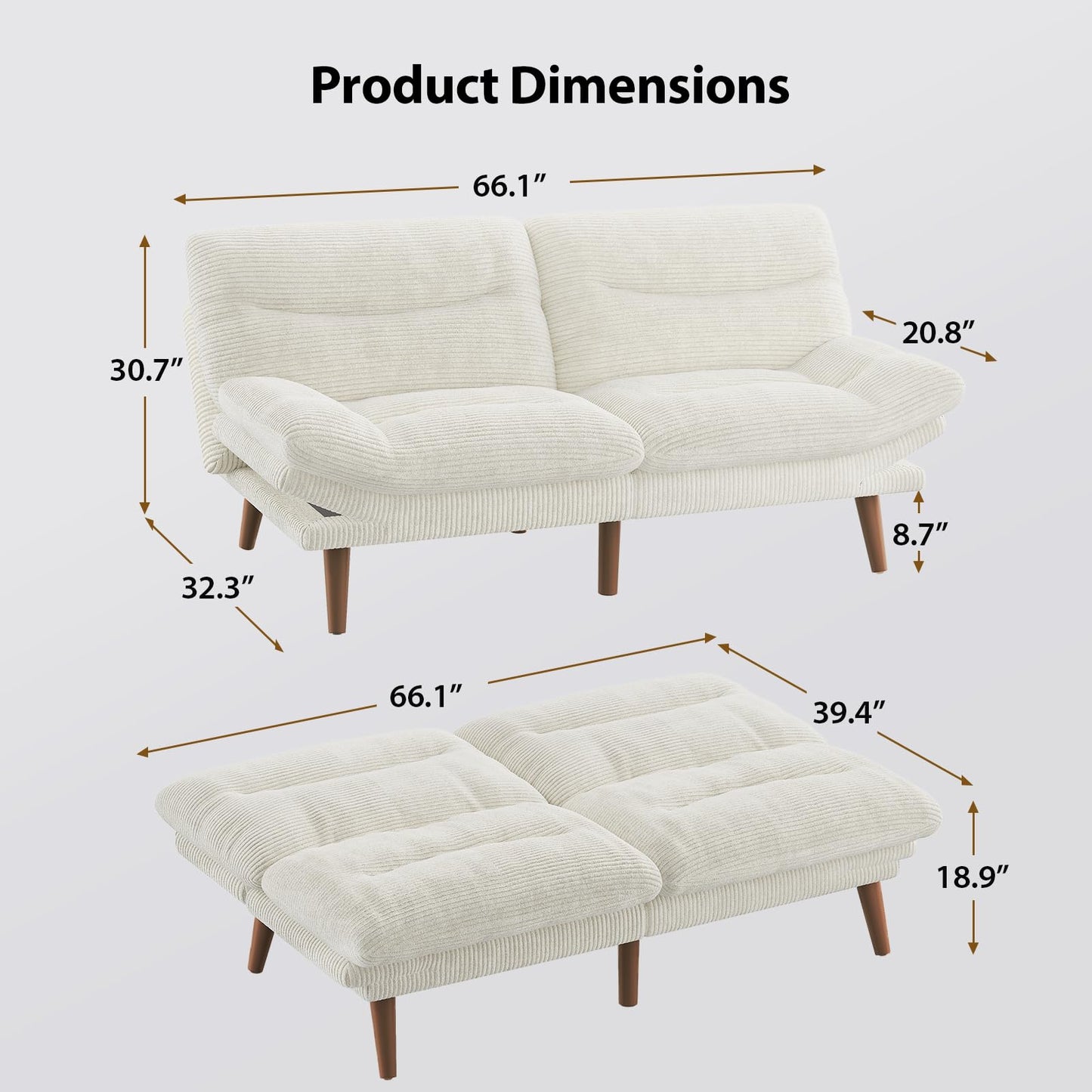 Pipishell Convertible Futon Sofa Couch, Corduroy Futon with Adjustable Backrest and Armrests, Futon Sofa Bed for Small Apartments, Living Room or Office(White)