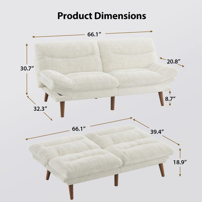 Pipishell Convertible Futon Sofa Couch, Corduroy Futon with Adjustable Backrest and Armrests, Futon Sofa Bed for Small Apartments, Living Room or Office(White)