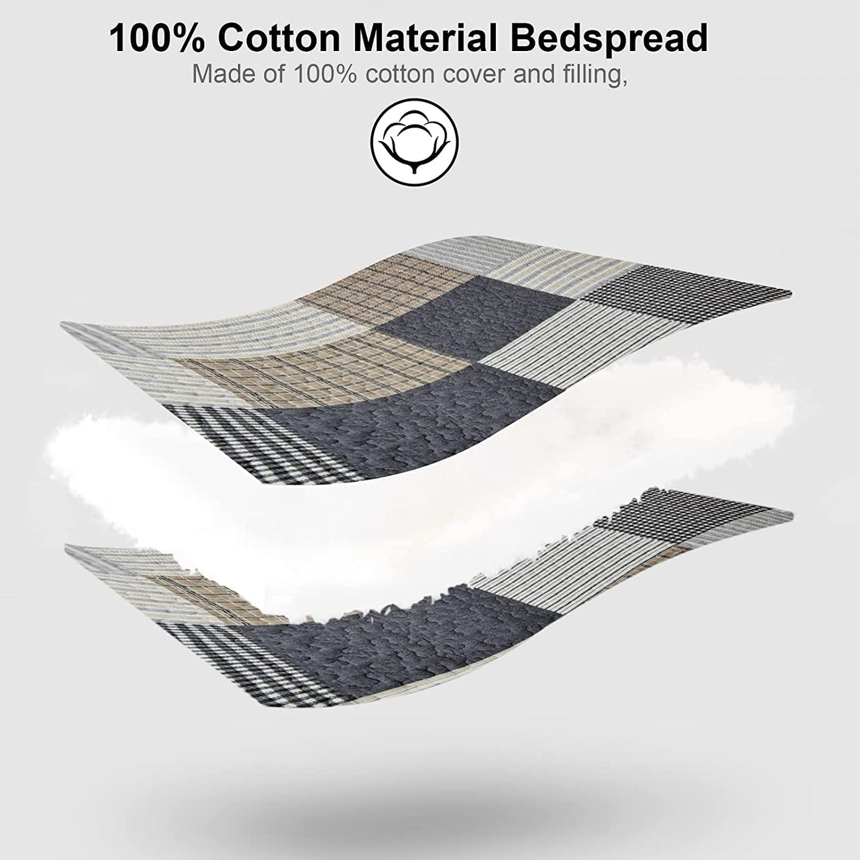 PANGUSHAN Twin Size Quilt Set, 100% Cotton Patchwork Plaid Quilt Bedding Set, Reversible Lightweight Comforter, 2 Pieces in Gray, Black, Tan, White, Cream PANGUSHAN