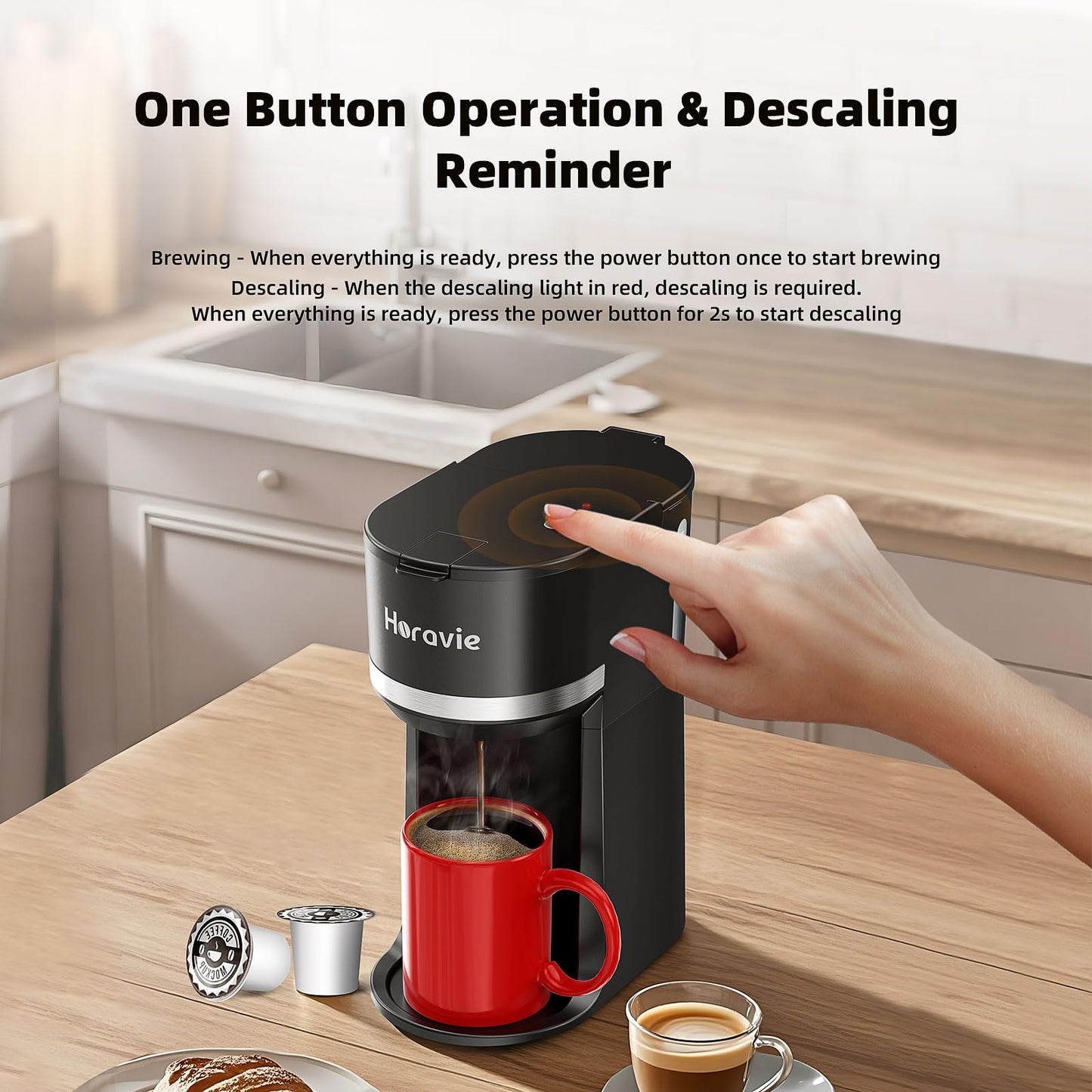 Horavie Mini Single Serve Coffee Maker for K Cup and Ground Coffee, Fast Brew One Cup Coffee Machine with Descaling Reminder and Water Window, 6 to 12 oz. Brew Sizes, Black