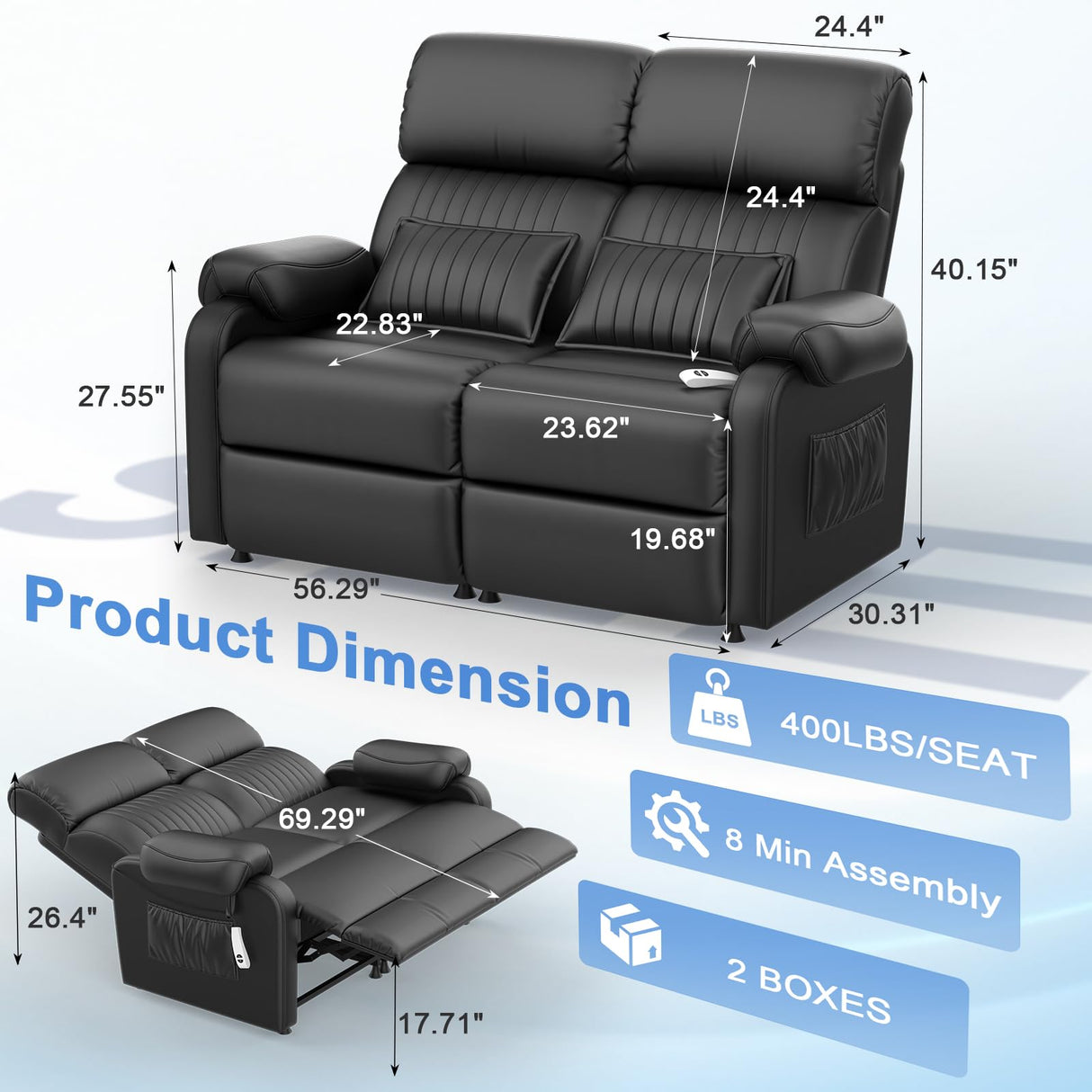 Duitrc Power Loveseat Recliner Sofa, Black PU Leather Zero Gravity Double Reclining RV Couch with USB & Type C Ports, Pillows, Side Pockets, 2 Seater for Living Room Duitrc
