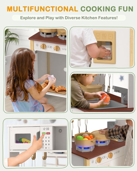 Babytronic Kids Play Kitchen, Wooden Kitchen Playset for Kids Ages 3+ with Real Lights, Sounds, Stove, Sink, Oven, and 30 Pcs Accessories, Toys Kitchen Small Pretend Play Kitchen for Toddlers (White) Babytronic