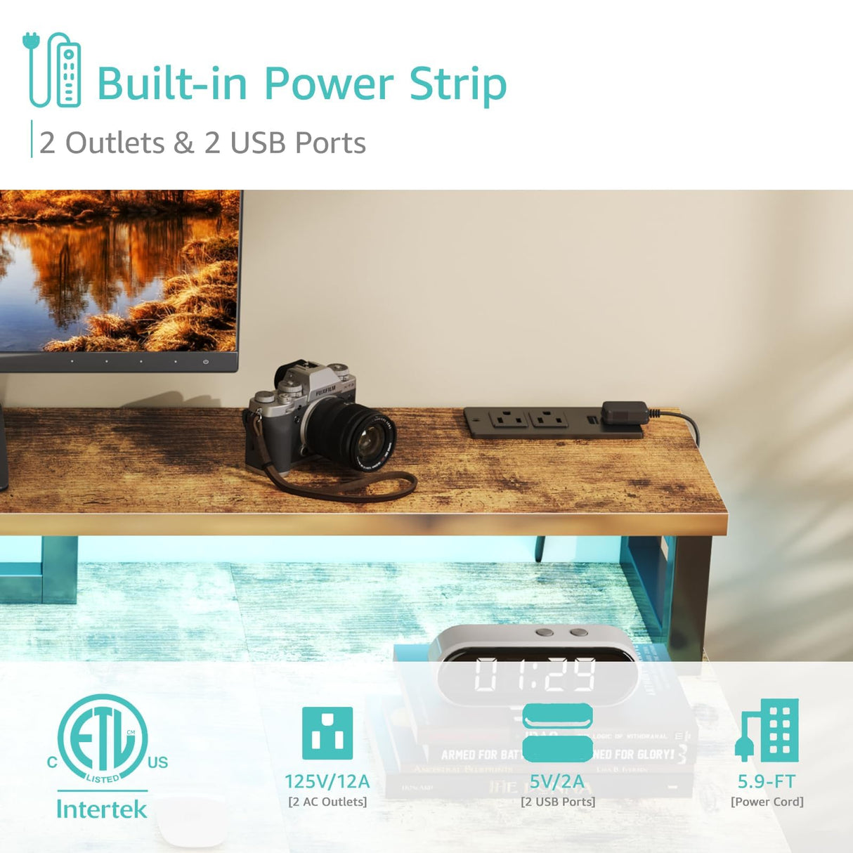 Lufeiya Computer Desk with File Drawers Cabinet, 47 Inch Home Office Desks with Keyboard Tray, Gaming Desk with LED Lights and Power Outlets, Writing Table PC Desks with Monitor Stand, Rustic Brown Lufeiya