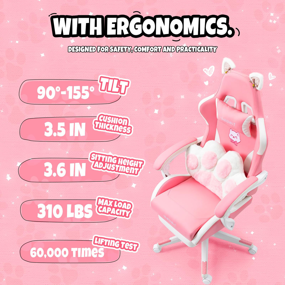 Vigosit Pink Gaming Chair with Cat Paw Lumbar Cushion and Cat Ears, Ergonomic Computer Chair with Footrest, Reclining PC Game Chair for Girl, Teen Vigosit