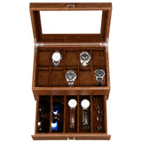 BEWISHOME Watch Box for Men Luxury Watch Case -10 Slots Watch Organizer with Drawer for Sunglass and Watch Storage, Large Glass Top, Faux Leather,Brown SSH34Z BEWISHOME