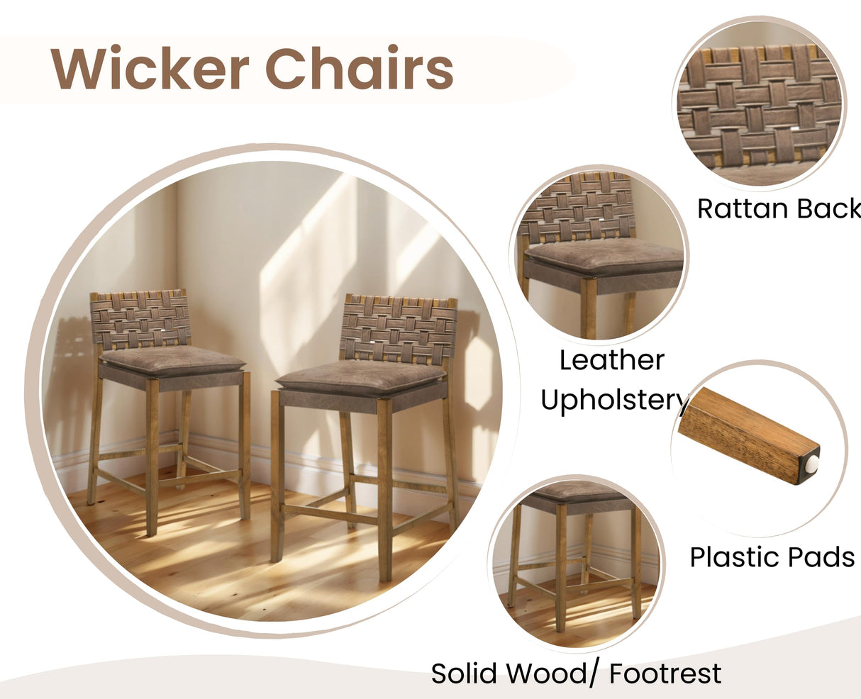 EALSON Mid Century Rattan Bar Stools Set of 4 Modern Farmhouse Barstools with Leather Woven Backs 26 Inch Wooden Counter Stool Breakfast Upholstered Bar Chairs for Kitchen Island, Brown EALSON