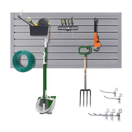 Slatwall Panel Garage Wall Organizer Storage Systems, Wall Mounted PVC Storage Rack with 5 Hooks, Interlocking Workshop Slat Wall Paneling Sheets Board Shelves Tools Organization-Grey(2’H x 4’W) Hohuqeri
