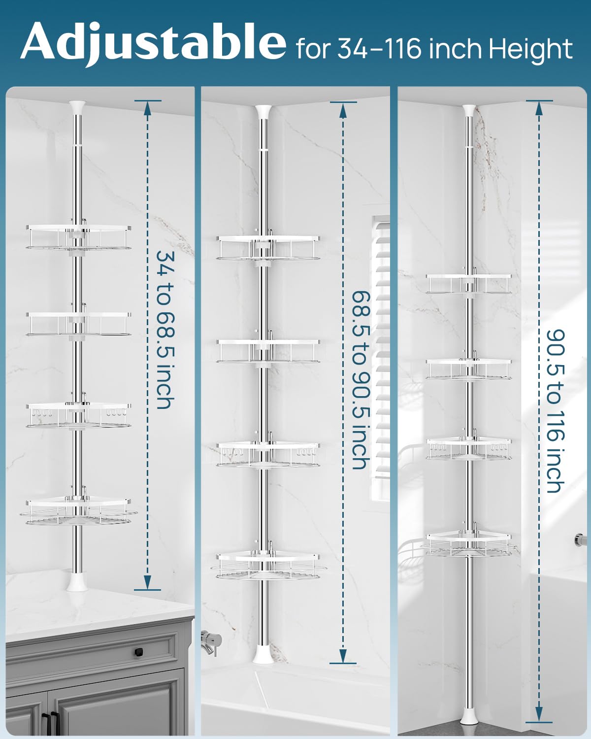 SEIRIONE Rustproof Shower Corner Caddy Organizer for Bathroom, 4 Adjustable Shelves with Tension Pole, for Bathtub Shampoo Accessories Storage Holder, 34 to 116 Inch Height SEIRIONE