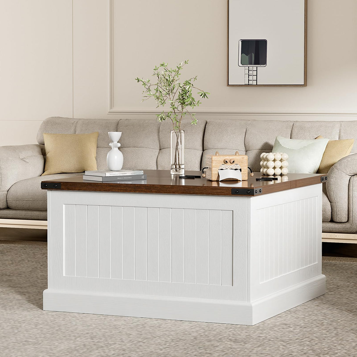 AntsandAnts Farmhouse Coffee Table with Storage, Square Wood Coffee Tables for Living Room, Large Center Table with Flip-Top Lid, 31.5 Inch (White and Rustic Brown) AntsandAnts