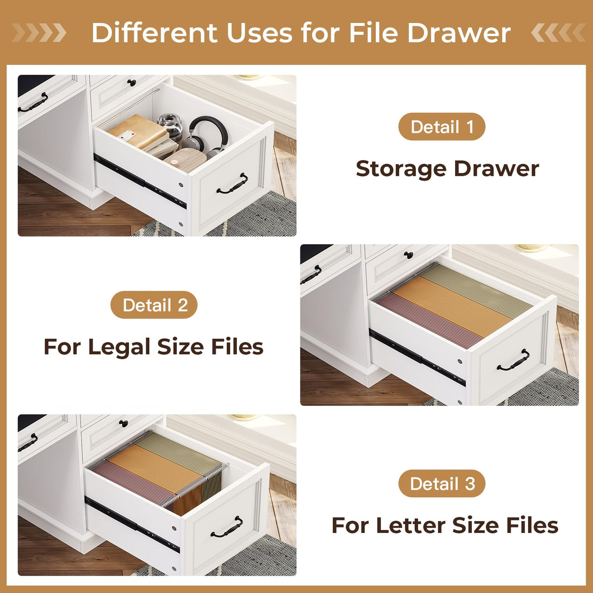 BTHFST Executive Desk with File Drawer, Computer Desk with Monitor Stand, Home Office Desk with Drawers & Storage Cabinet, Writing Desk with Charging Station & LED Lights, White BTHFST