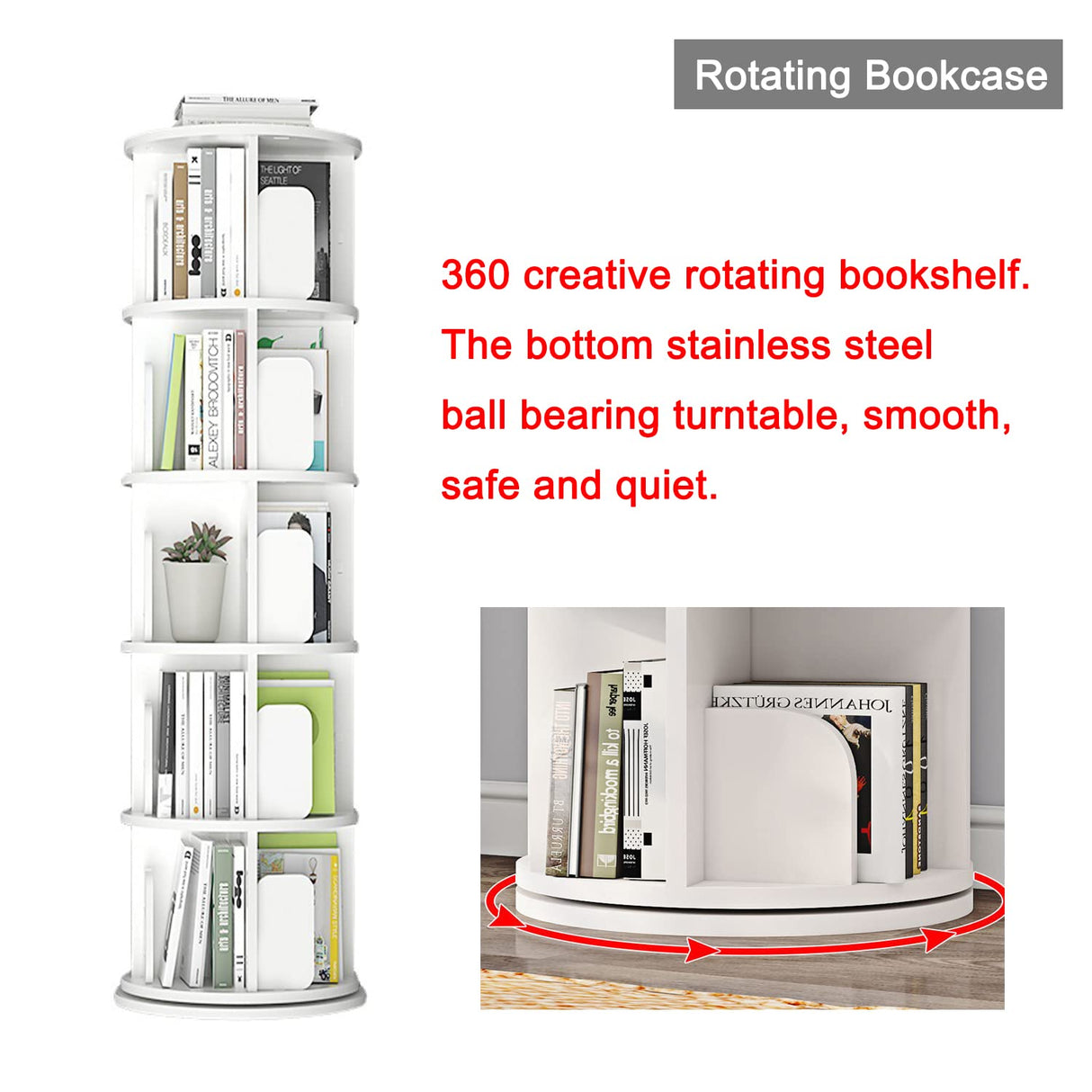 Modern 5-Tier Rotating Bookshelf - 360° Revolving Storage Rack for Home & Office - White foriy