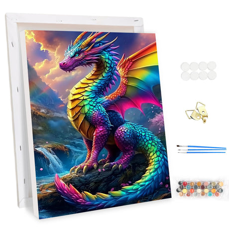 EOBROMD Framed Paint by Numbers Kits for Adults Colourful Dragons, DIY Kits Crafts for Beginner on Stretched Canvas, 3 Paint Brushes and Acrylic Paint for Home Decor 12x16inch EOBROMD