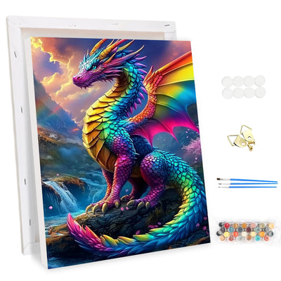 EOBROMD Framed Paint by Numbers Kits for Adults Colourful Dragons, DIY Kits Crafts for Beginner on Stretched Canvas, 3 Paint Brushes and Acrylic Paint for Home Decor 12x16inch